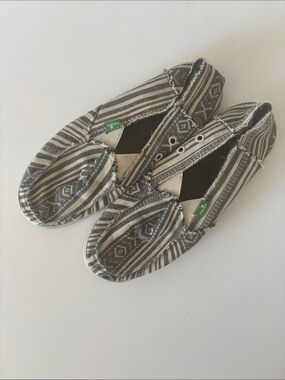 Sanuk Striped Canvas Donna Keys Ranch Slip On Shoes Black Cream Boho Size 8
